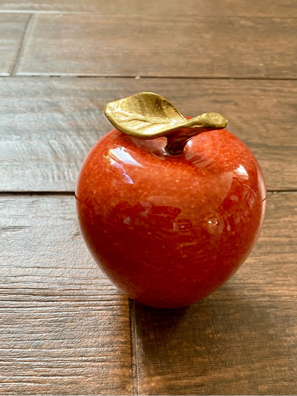Vintage Red Marble Apple Paperweight with Brass Stem and Leaf